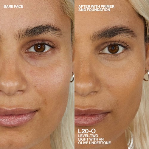 Before and after skincare treatment showing clearer, smoother skin. The woman has light-colored hair and wears earrings.