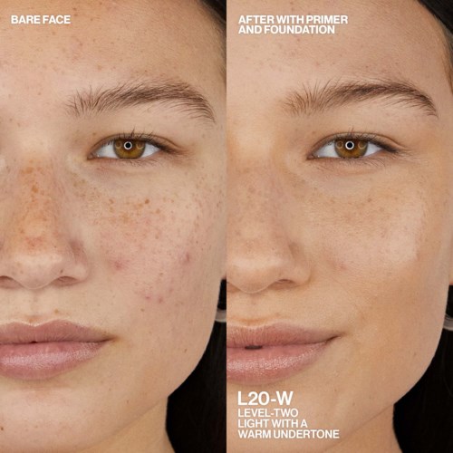 Clear skin after primer and foundation, showing fewer spots and a smoother face.