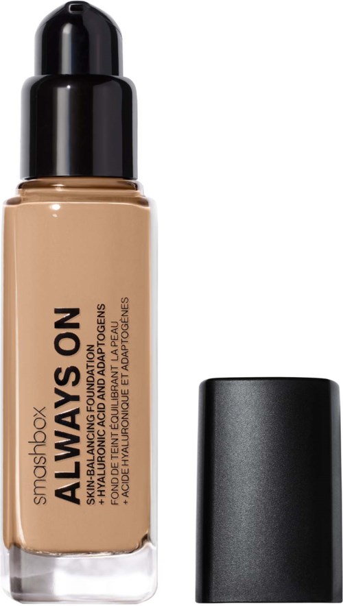 A foundation bottle with beige liquid, black pump, and a black cap, labeled "Always On" by Smashbox.