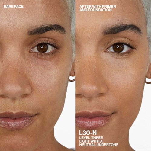 Before and after image showing a woman's face with and without foundation using L30-N product.