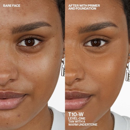 Side-by-side comparison of a woman's face before and after makeup; changes in skin tone and appearance. T10-W tone used.
