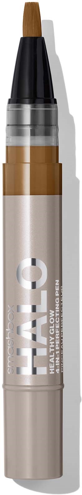 A beige and black concealer pen with a clear section showing the product inside. The pen has a pointed tip for application.