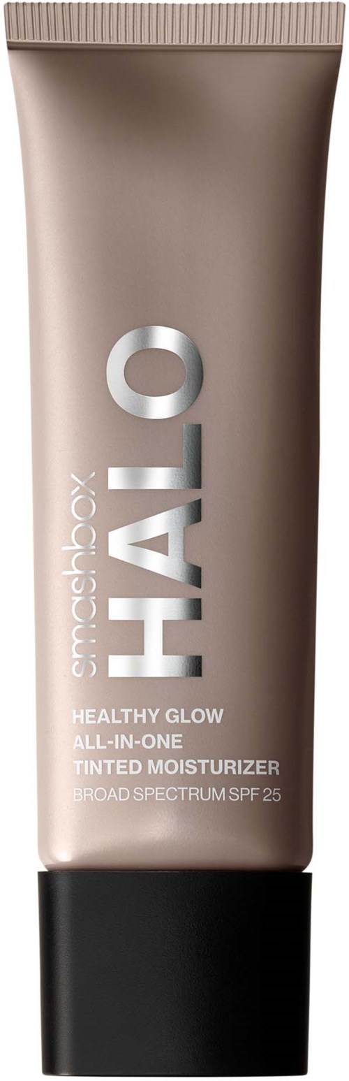 Srebrny recznik z czarną nakrętką, oznaczony 'Halo.' To nawilżacz z odcieniem z SPF 25.