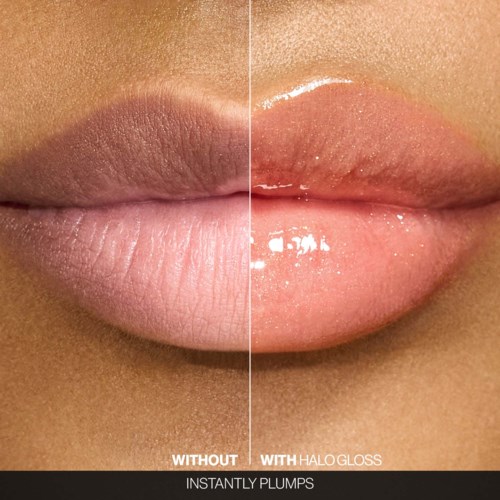 Sammenligning av lepper uten og med gloss, viser fyldigere, skinnende lepper med gloss.
