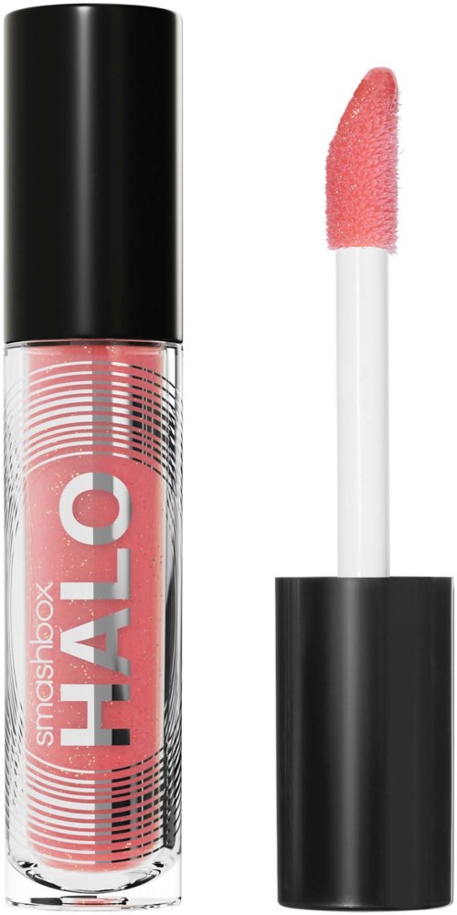 Leppeglans i svart og gjennomsiktig beholder, rosa gloss inni, og en hvit applikator med rosa produkt.