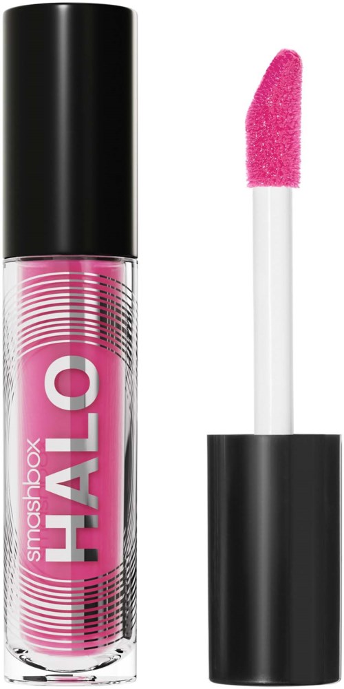 Różowy błyszczyk do ust z czarną osłonką i różowym aplikatorem. Napisy "smashbox HALO".}