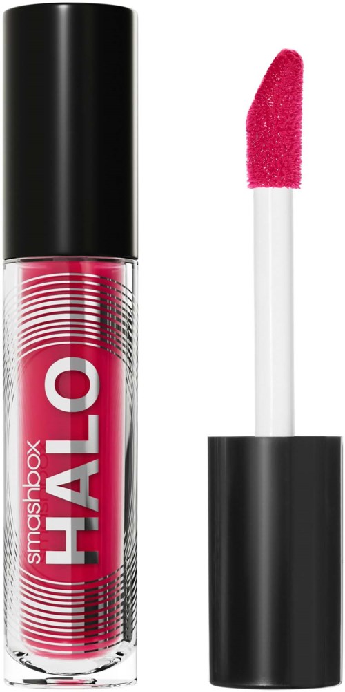 Leppeglansrør med rosa applikator og svart lokk, merket 'Smashbox Halo'.