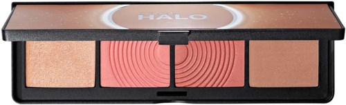 A makeup palette with four different shades of blush and highlighter inside a black case.