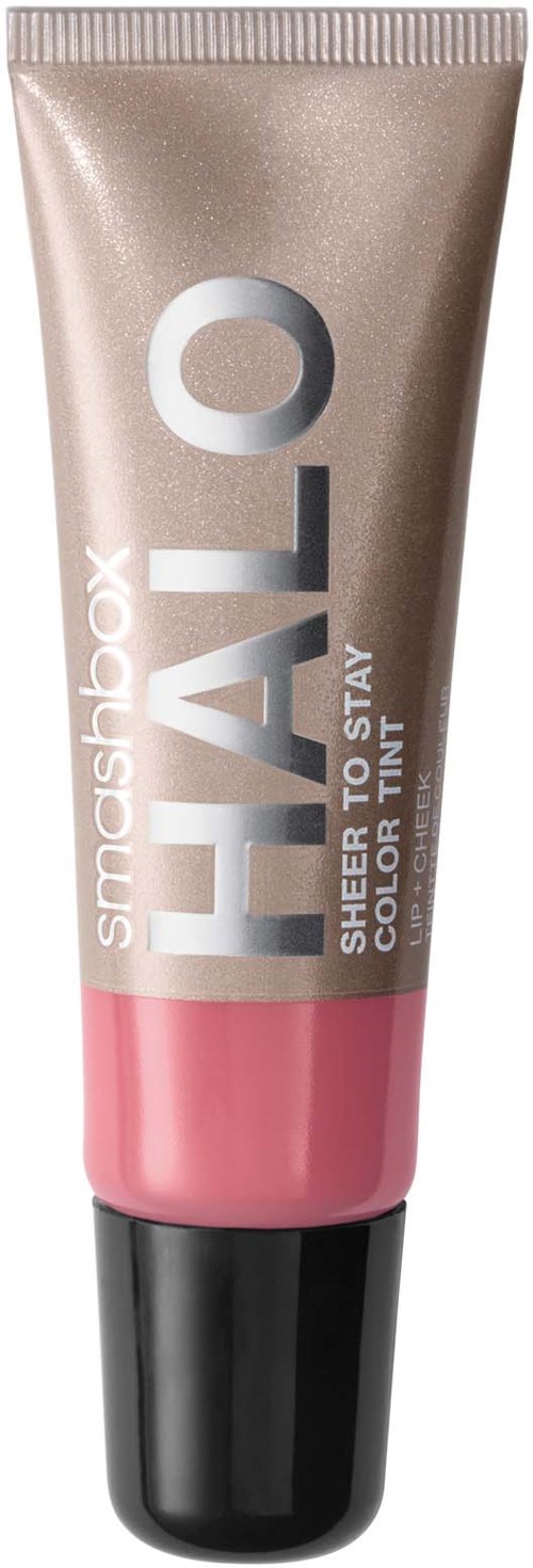 En tube med beige og rosa farger, merket Smashbox Halo Sheer to Stay, farge for farging, med svart hette.