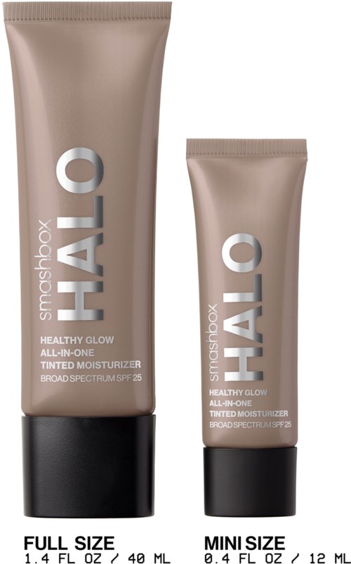 Dwie tubki Smashbox Halo tinted moisturizer, jedna w pełnym rozmiarze i jedna mini, z beżowym opakowaniem i czarnymi nakrętkami.