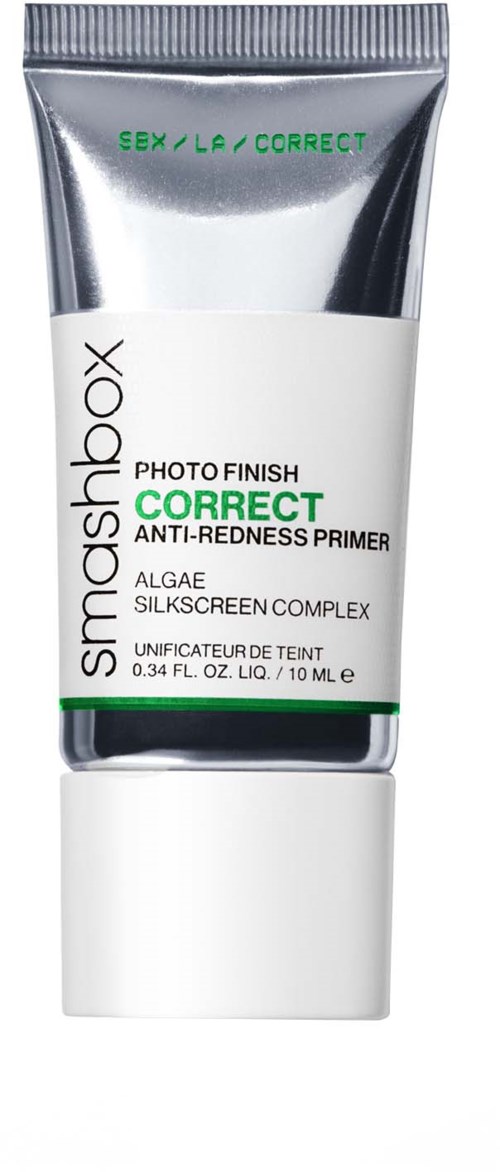 A silver and white tube of Smashbox Photo Finish Correct Anti-Redness Primer with green text.