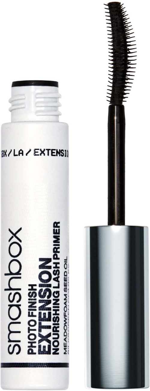 A white tube with a black cap and a curved mascara brush attached to a silver handle.