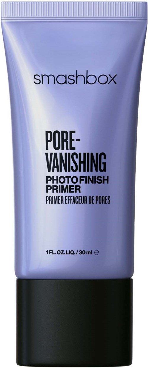 A purple and black tube of Smashbox Pore-Vanishing Photo Finish Primer. It is 1 fl oz (30 ml).