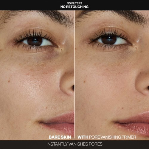 Side-by-side image showing a person's face with and without pore vanishing primer on the skin.