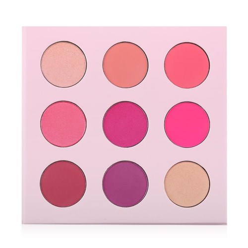 En rosa ögonskuggspalett med nio nyanser, från ljust till mörkt rosa och lila, samt en beige nyans.