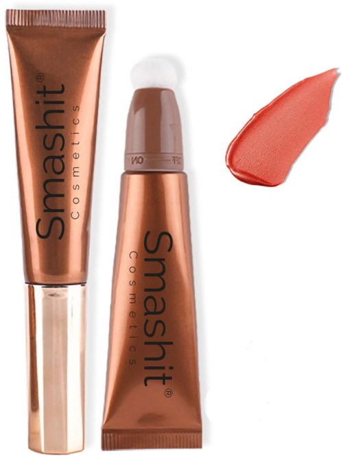 Kaksi Smashit Cosmetics -tuubia ja korallinvärinen huultenrajaus. Putket ovat pronssinvärisiä ja niissä on musta teksti.