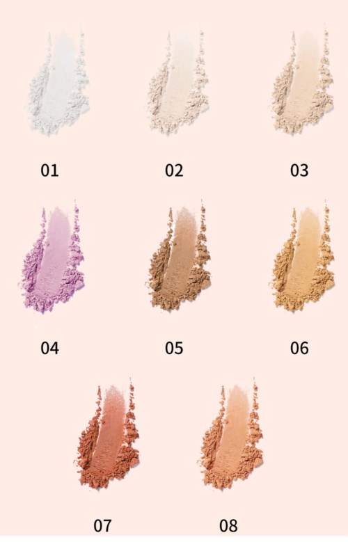 En palet med ni makeupposer fra lyse til mørke, mærket 01 til 09, i rosa, brunt og rødt.