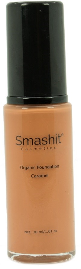 Foundationflaska märkt Smashit Cosmetics, Organisk Foundation i karamelfärg, 30 ml.