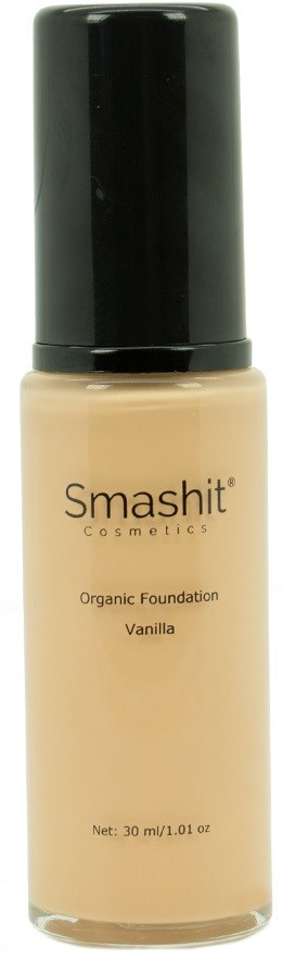 En beige foundationflaska med svart lock, märkt 'Smashit Cosmetics' och 'Organic Foundation Vanilla.'