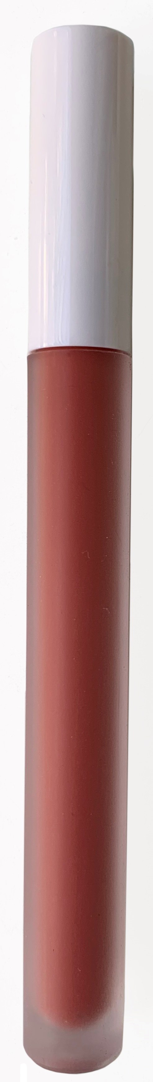 Ett läppglansrör med vit topp och genomskinig kropp som visar rosa-brunt gloss inuti.