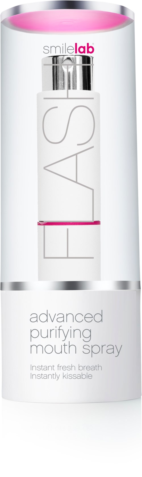 En vit cylinderbehållare med genomskinlig lock, märkt SmileLab, innehåller avancerad renande munskölj med rosa detaljer.