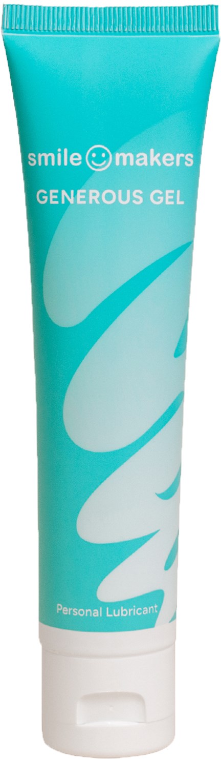 En tube med Smile Makers generous gel, et personligt glide,' produkt i blå og hvid indpakning.