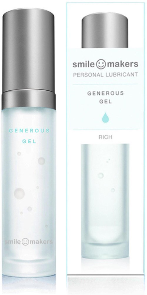 En personlig glidmedelsgelja i en transparent flaska med silverlock, märkt 'Generous Gel' och 'Smile Makers'.