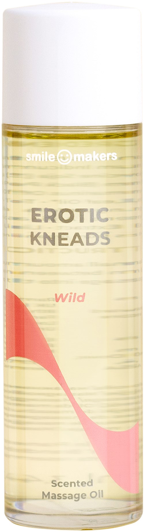 En liten klar flaske med hvit lokk merket "Erotic Kneads". Den sier "duftende massasjeolje" og har en rosa bølge.