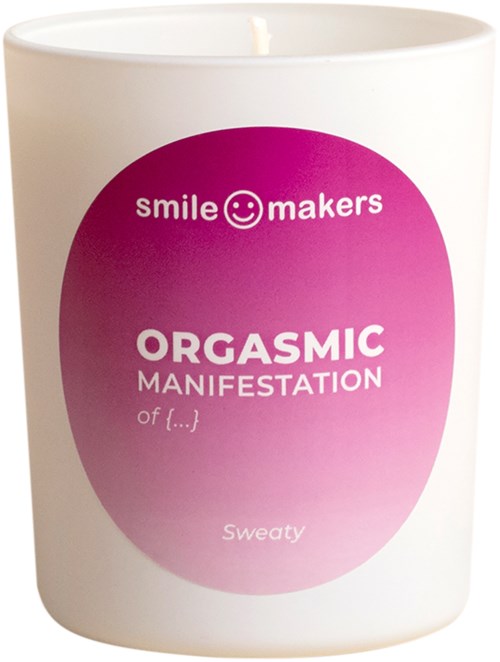 En vit mugg med en rosa och lila gradient etikett med text om en humoristisk produkt.