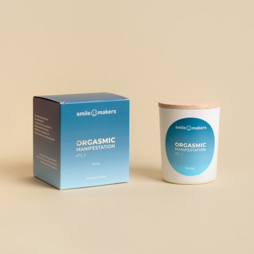 En blå box och en vit behållare med en etikett, båda märkta 'smile makers' och relaterade till 'orgasmic manifestation'.