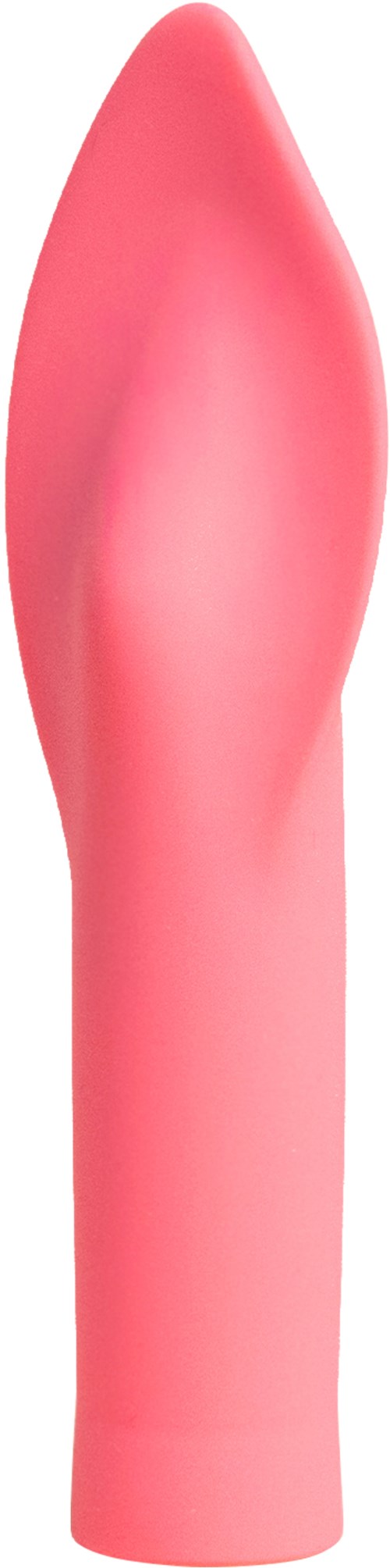 Ett rosa, böjt föremål med spetsig topp, som liknar en medicinsk eller personlig vårdenhet.