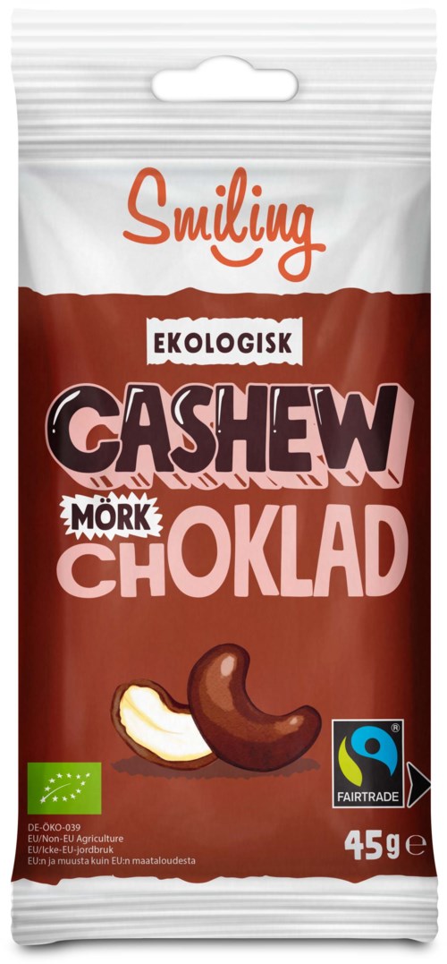 En brun pakke inneholder økologisk cashewsjokolade med bilde av en cashewnøtt og ordene "Smiling," "Ekologisk," og "Choklad."