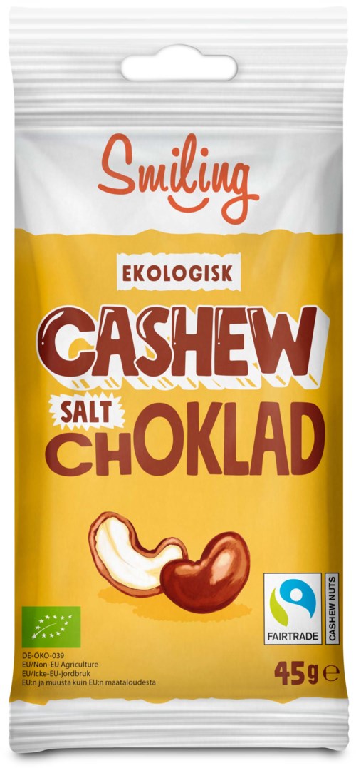 En snackspakke med gule og hvite farger, viser en cashewnøtt, sjokolade og merket som økologisk og Fairtrade.