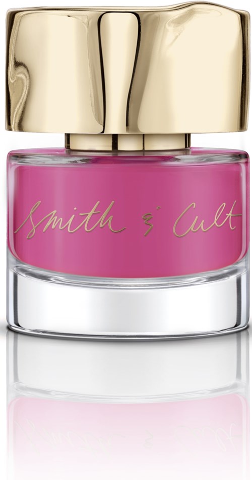 Pink perfume bottle with a gold cap and the words "Smith & Cult" written on it.