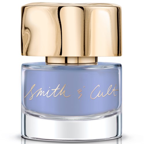 A perfume bottle with a light blue liquid and a shiny gold cap, labeled 'Smith & Cult'.