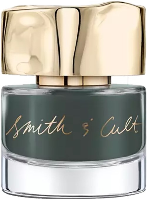 A small glass jar with a dark green label and gold writing saying "Smith's Cult," topped with a shiny gold cap.