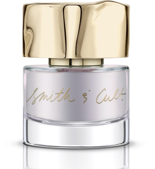 A perfume bottle with a gold cap and white body, labeled "Smith & Cult" in gold.