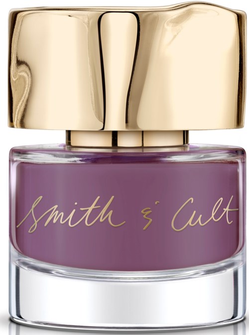 A small glass jar with purple paint and gold caps, labeled 'Smith & Cult'.
