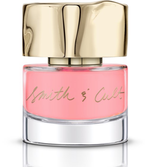 A perfume bottle with a pink liquid and a shiny gold cap, featuring the name 'Smith & Cult' on it.