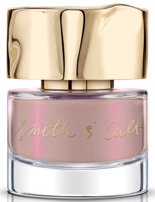 A perfume bottle with a gold cap and pink liquid inside, labeled 'Smith & Cult' on the glass.