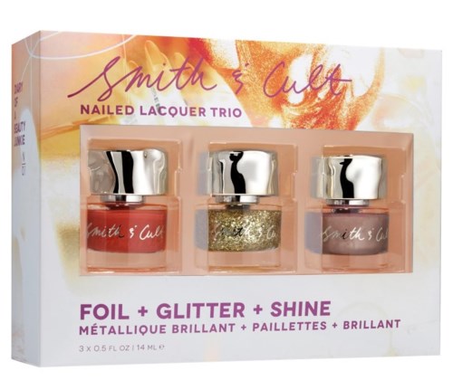 Nail polish - set with three bottles: red, glitter, and beige, labeled 'Smith's Cult' and 'Foil + Glitter + Shine.'