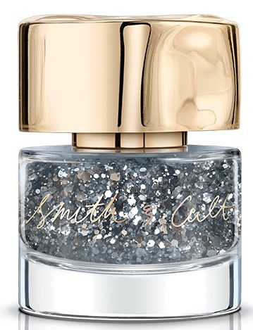 A small jar with glittery silver nail polish and a shiny gold cap, labeled 'Smith & Cult'.