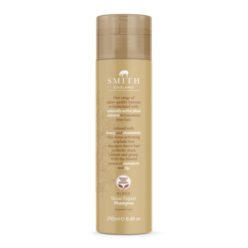 En flaske Smith Shine Expert Shampoo med beige kork og etikett, inneholder 250 ml hårpleieprodukt.