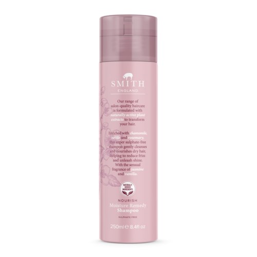 En rosa flaska med Smith Nourish Moisture Remedy Shampoo, 250ml, med pump, med beskrivande text.