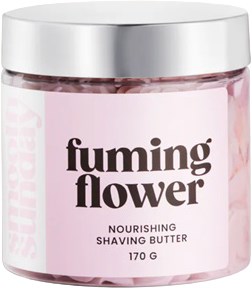 Rosa burk med silvrigt lock för vårdande rakskum, märket Fuming Flower, 170 gram.