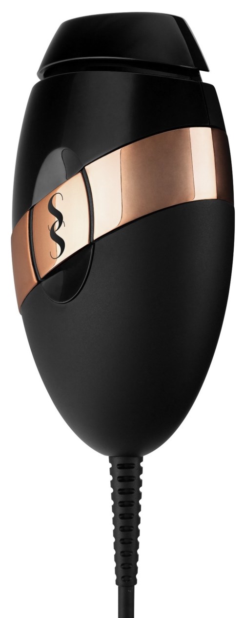 A handheld device with a black and rose gold design, likely used for personal grooming or hair removal.