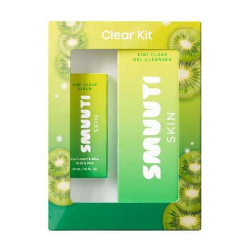 Hudvårdsset med kiwiextrakt, visar gelrenare och serum i grön och gul förpackning, omgiven av kiwibitar.