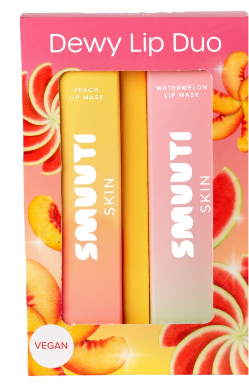 To læbepads kaldet Peach og Watermelon, med lys emballage og frugt billeder i en pink æske.