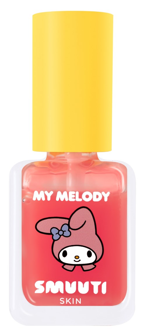 A pink nail polish bottle with a yellow cap, featuring a character cartoon and text 'MY MELODY' and 'SMUTI SKIN'.