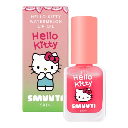 En Hello Kitty vattenmelonsläppolja med rosa och vitt förpackning, med Hello Kittys ansikte och namn.